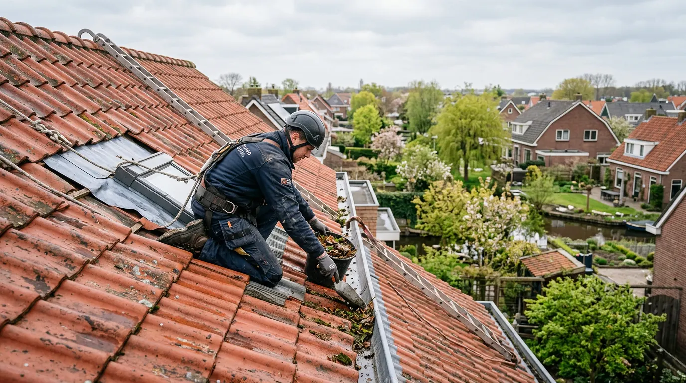 Dakonderhoud uitvoeren aan een pannendak in de lente